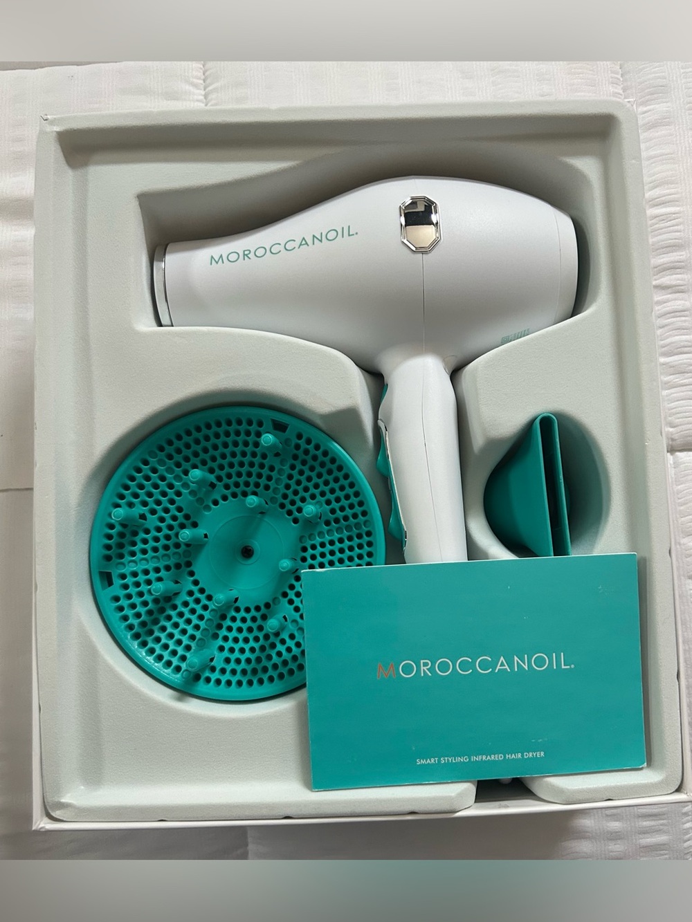 Moroccanoil White & Teal Smart Styling Infrared Hair Dryer w/ Diffuser & Nozzle